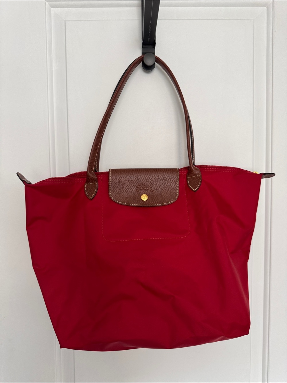 Longchamp Red Tote with Brown Trim
